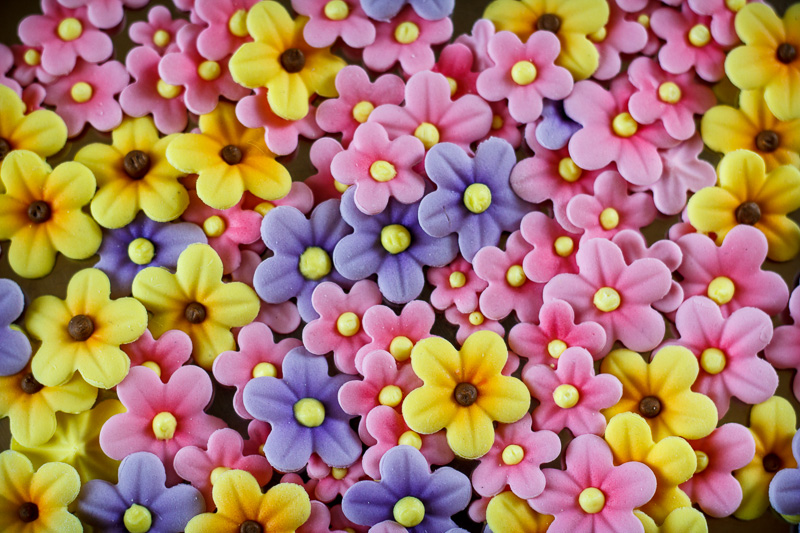 Blomster lavet i indfarvet gumpaste, skygget med airbrush og midterkugle i tyllet royal icing